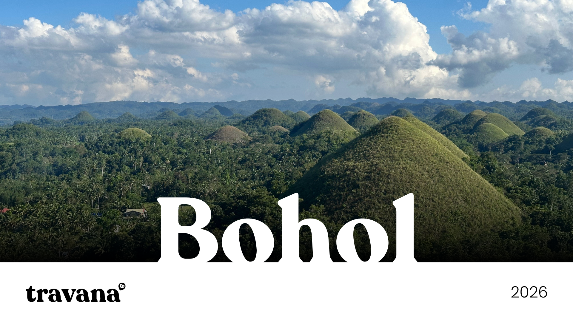 Scenic view of the Chocolate Hills in Bohol, Philippines, with lush green hills under a partly cloudy sky.