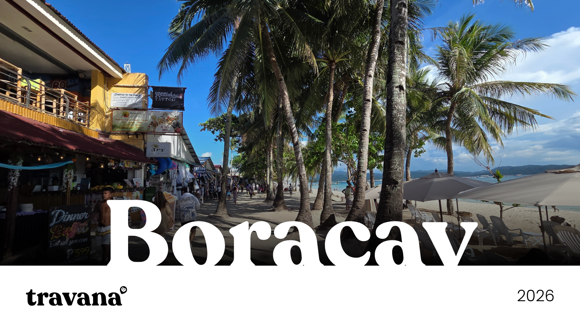 A tropical beach in Boracay, Philippines, with palm trees, sandy shoreline, umbrellas, and people walking along the beach, lined with shops and restaurants under a blue sky with some clouds.