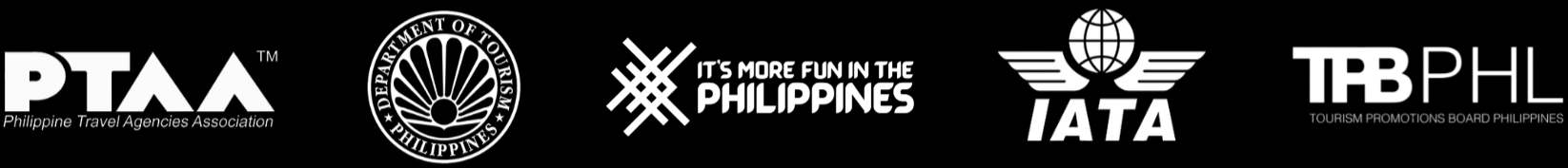 Collection of logos of tourism and travel organizations in the Philippines, including PTAA, Department of Tourism Philippines, it's more fun in the Philippines, IATA, and Tourism Promotions Board Philippines.
