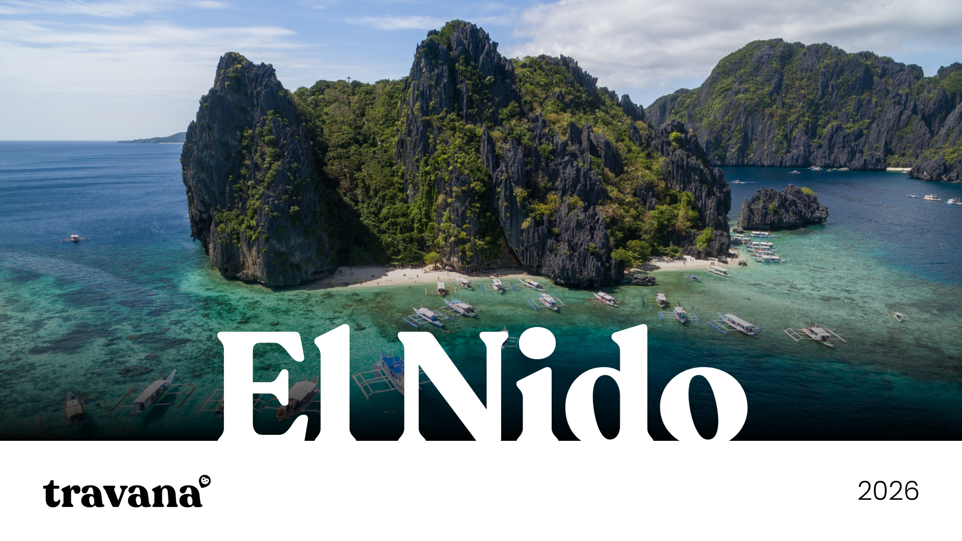 Aerial view of El Nido, Philippines, featuring limestone cliffs, clear turquoise waters, and boats at a small beach