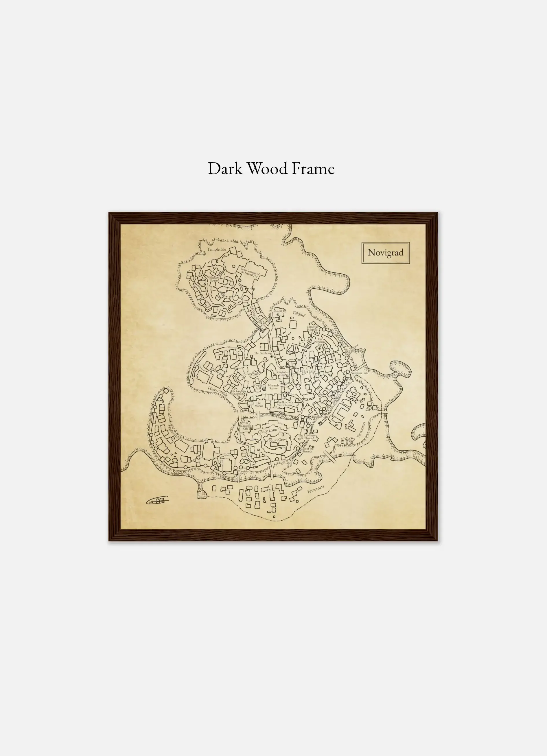 Novigrad The Witcher Fantasy City Map Dark Wood Frame Labeled.webp