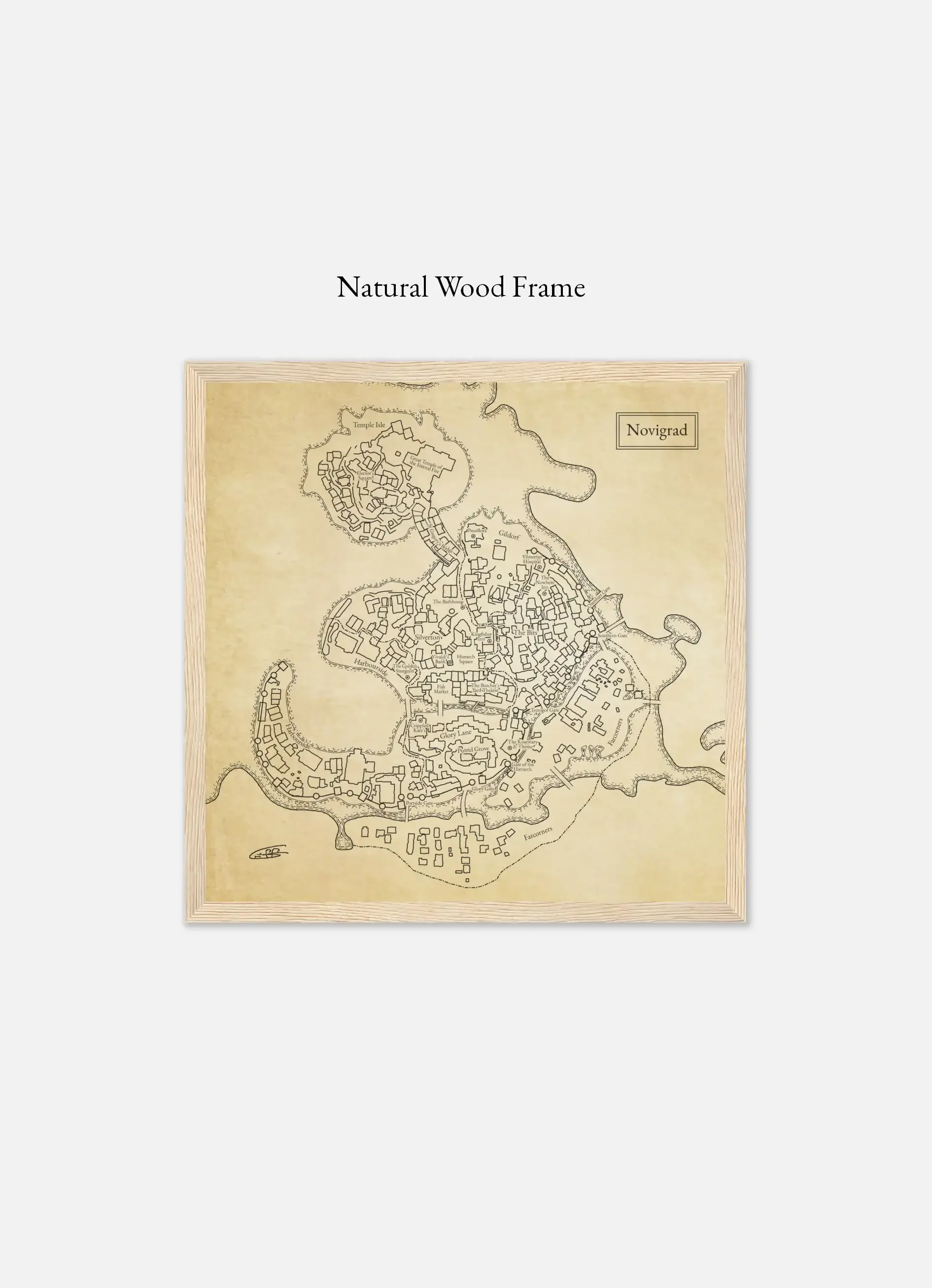 Novigrad The Witcher Fantasy City Map Natural Wood Frame Labeled.webp