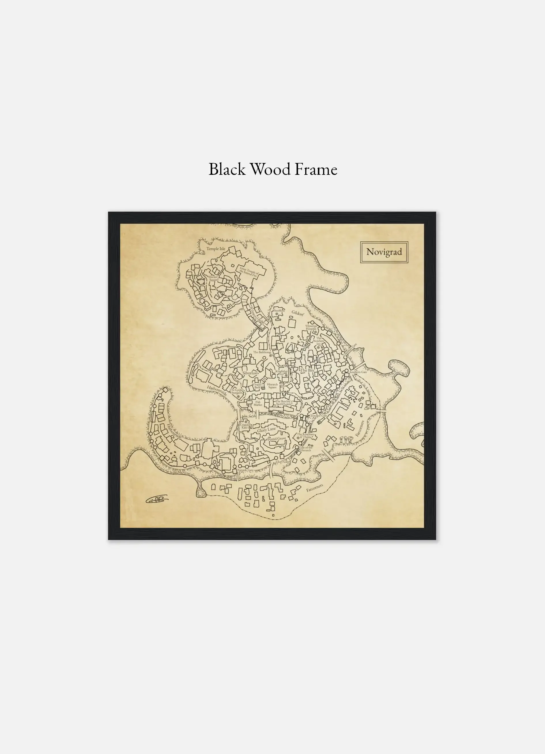 Novigrad The Witcher Fantasy City Map Black Wood Frame Labeled.webp