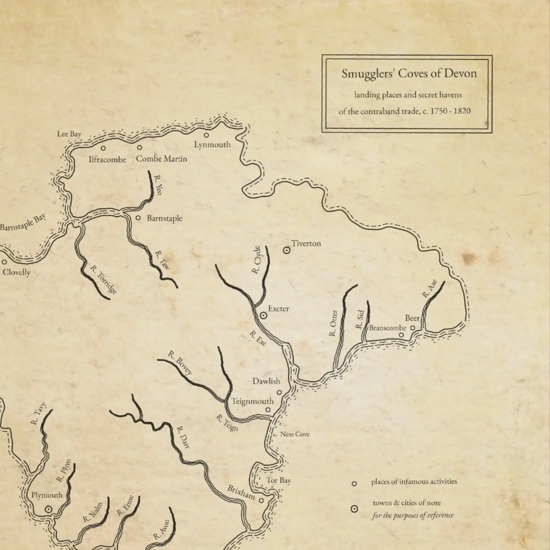 Smugglers+Coves+of+Devon+Vintage+Historical+Map+Dark+Wood+Frame.webp