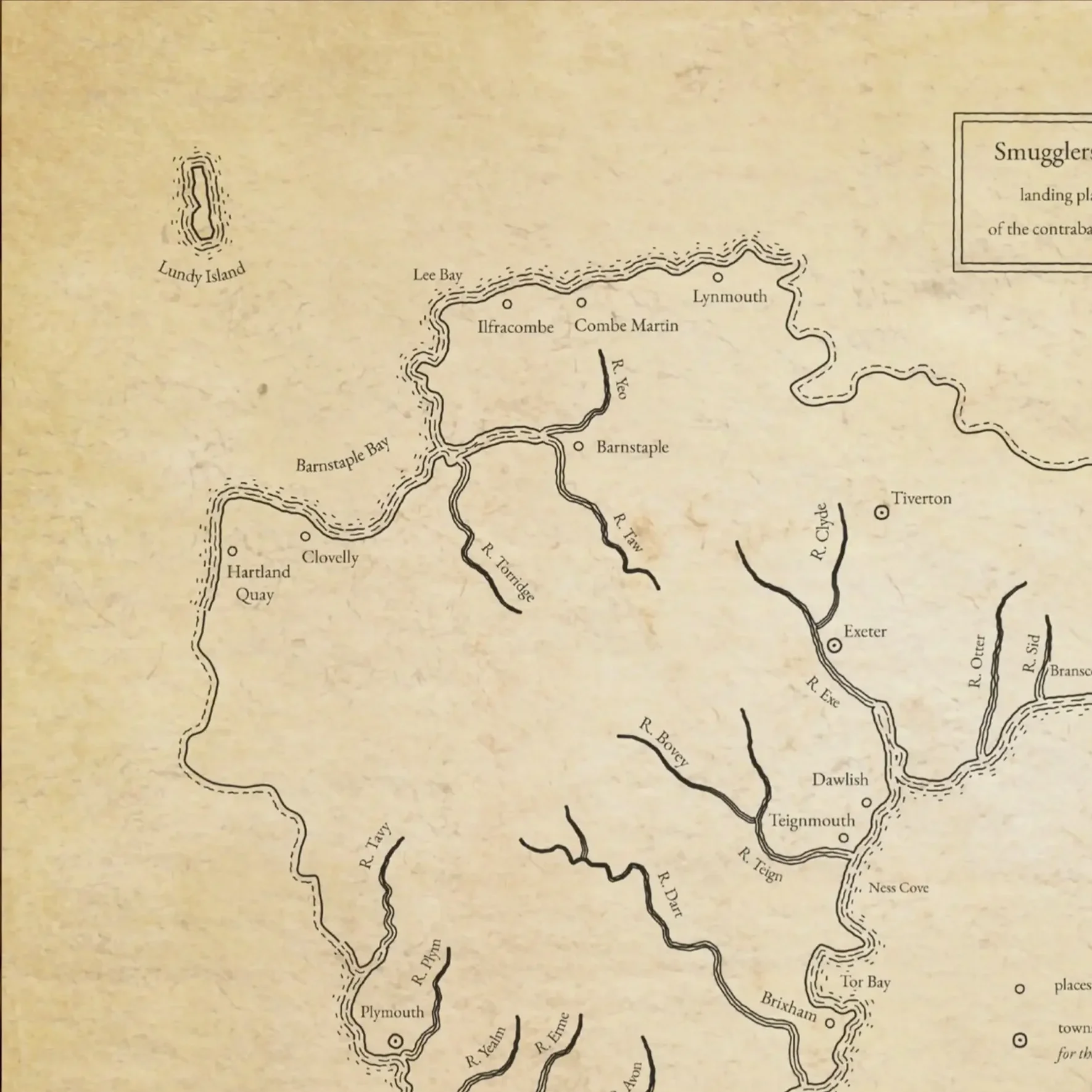 Smugglers+Coves+of+Devon+Vintage+Historical+Map+Dark+Wood+Frame.webp