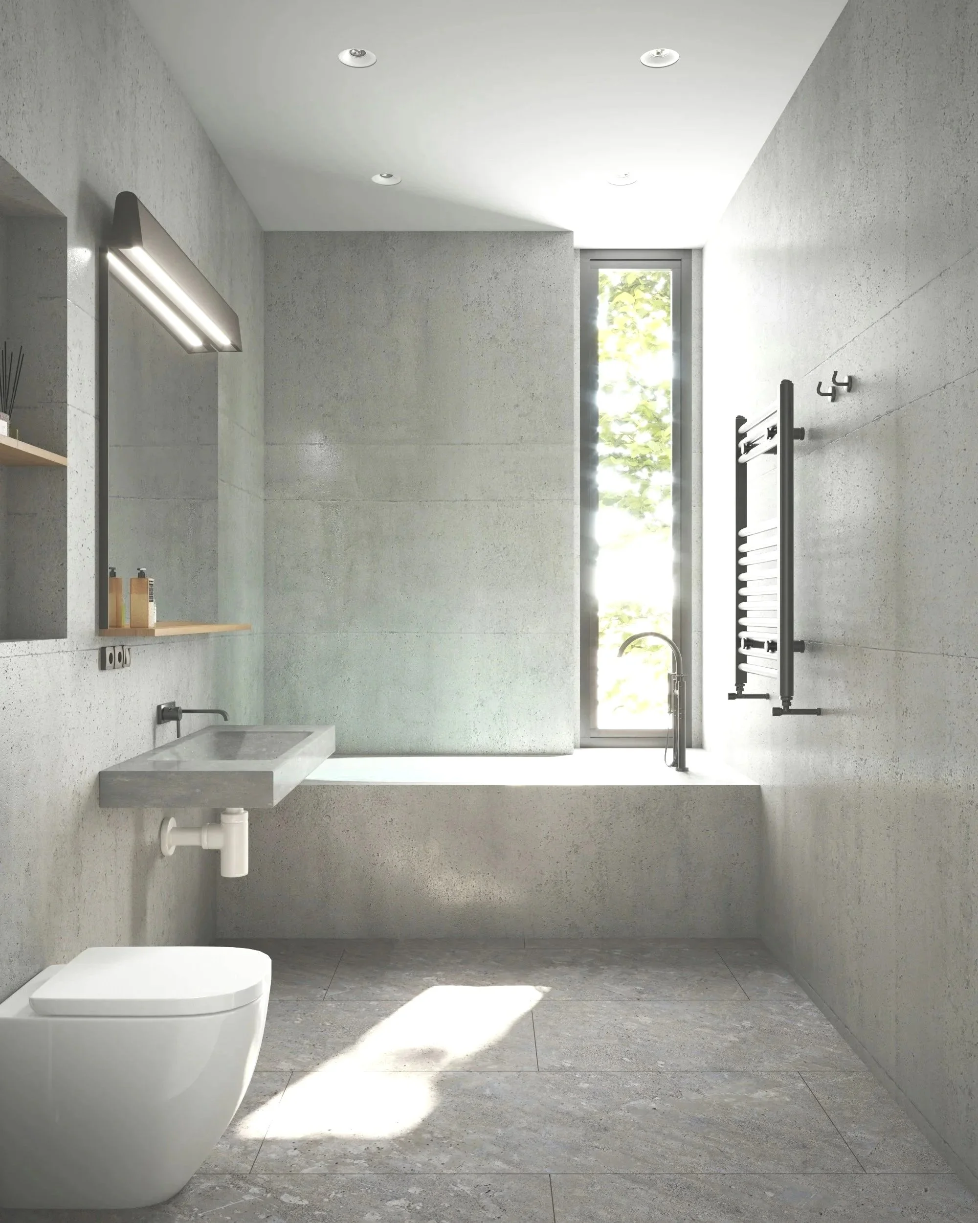 Bagno moderno con pareti e pavimento piastrellati di grigio, vasca da bagno accanto a una grande finestra, lavabo a parete, WC, scaldasalviette e faretti a soffitto