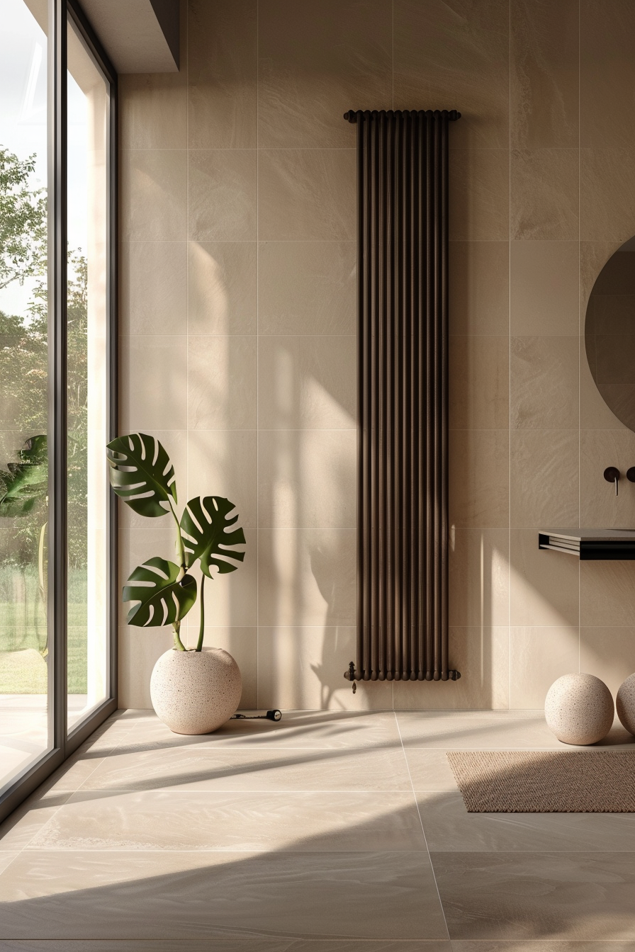 Bagno moderno con mattonelle larghe e grigie, un termoarredo verticale nero a tutta parete, una monstera vicino a un aporta a vetri scorrevole, oggetti decorativi sul pavimento e una luce che illumina parzialmente la stanza.