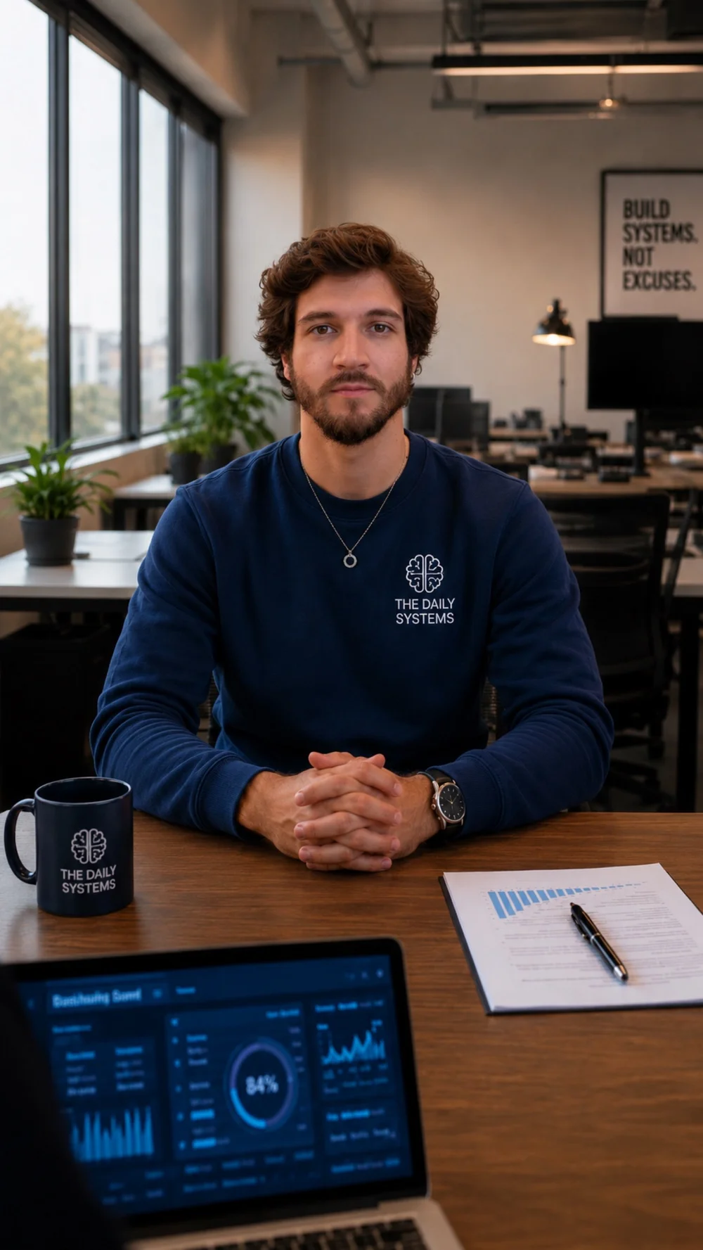 Santiago Jaramillo-Angel, founder of The Daily Systems, seated at his desk in a navy sweater
