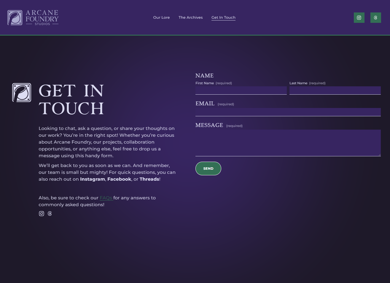 Arcane Foundry Studios contact webpage