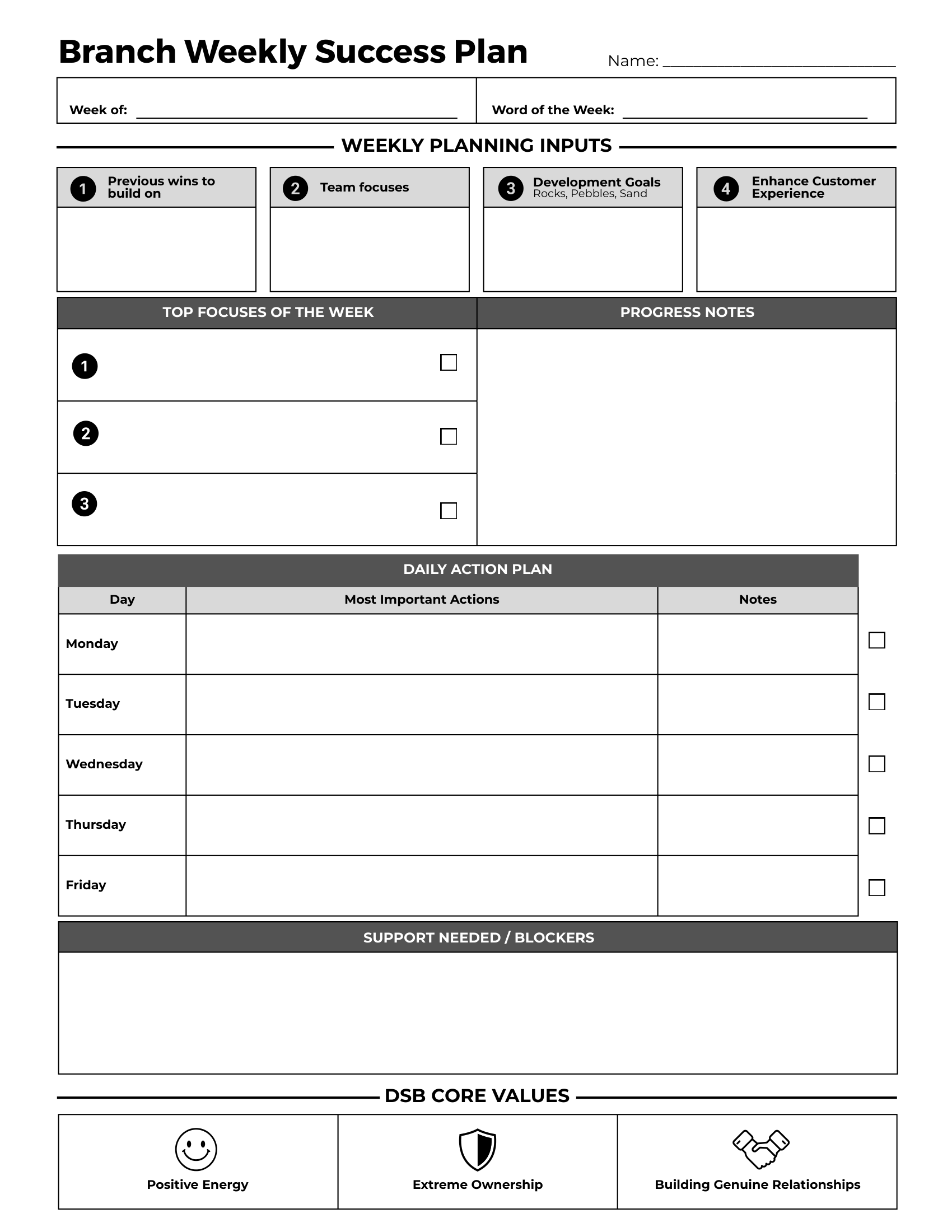 Denver Savings Bank Branch Weekly Success Plan
