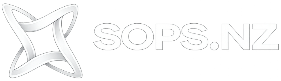 Sops.NZ SOP systems logo with abstract balanced loop symbol, representing standard operating procedures, process improvement, and business efficiency, with modern white text on transparent background