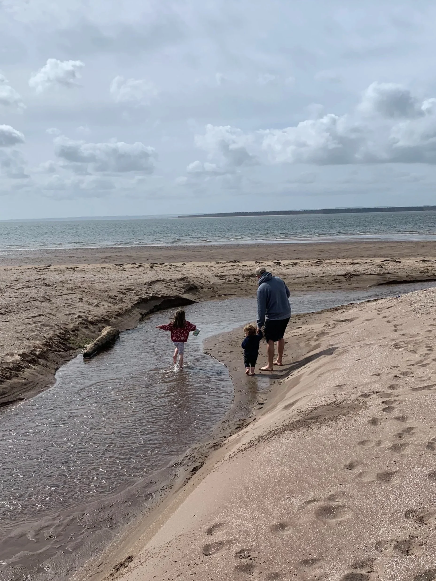 Three people, two children and one adult, walk along a sandy beach near a small stream flowing into the ocean on a cloudy day.