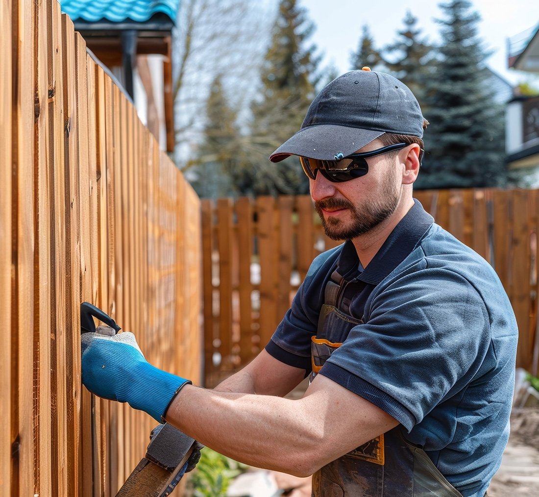 A man wearing a cap, sunglasses, gloves, and work overalls is installing or repairing a wooden fence outdoors during daytime.
