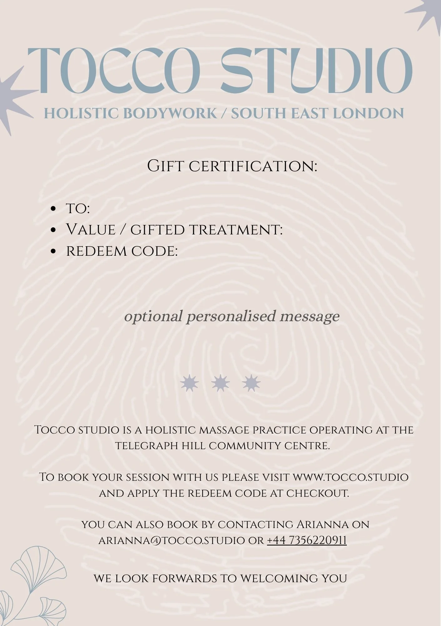 Personalised gift cards. Gift a massage to somebody you love. Holistic massage in South East London, Telegraph Hill, Nunhead, Brockley