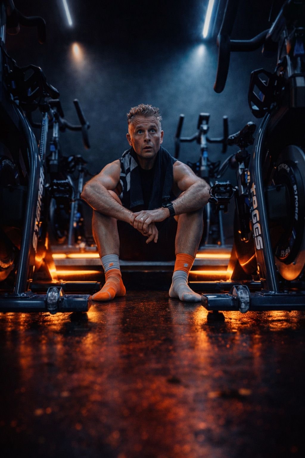 A man sits on the floor of a dimly lit indoor cycling studio, surrounded by stationary bikes with orange lights underneath. He is wearing a black sleeveless shirt, orange and white socks, and has a towel over his shoulders. The man looks up with a focused expression.