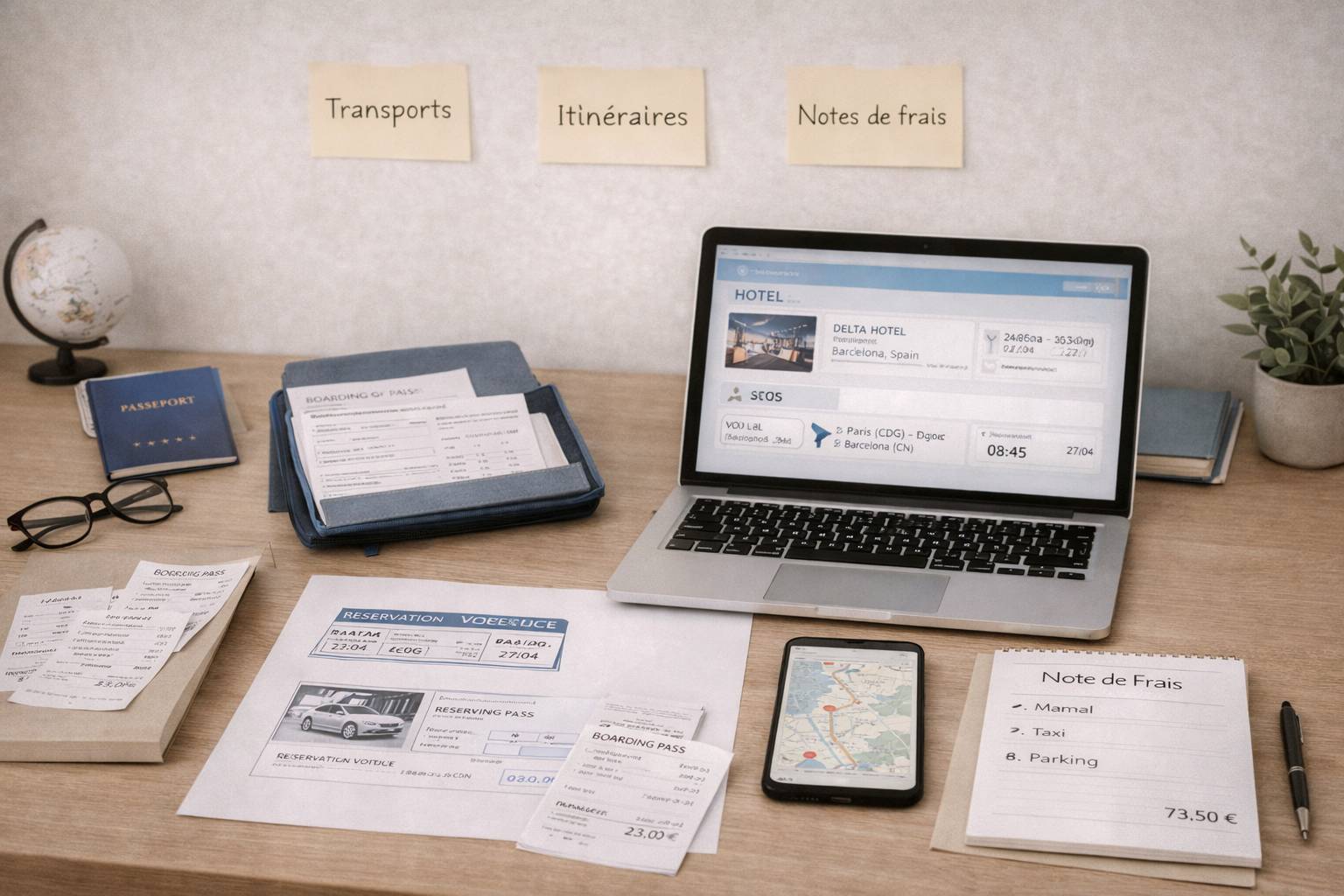 Un bureau avec des documents de voyage, un ordinateur portable affichant des réservations d'hôtel et de vols, un téléphone avec une carte, une planche de notes avec des frais, un globe, une paire de lunettes et un passeport.