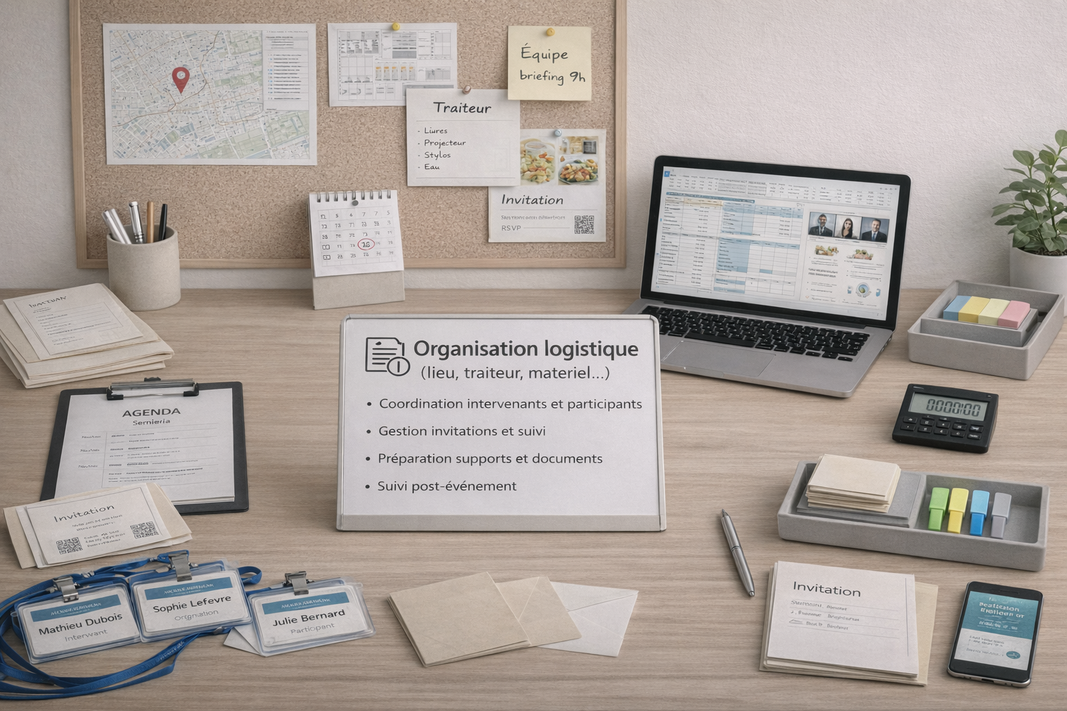 Bureau de travail organisé avec un tableau d'affichage, un ordinateur portable, des papiers, des badges, une penne, une calculatrice, un téléphone, des marqueurs, des dossiers, une plante et un panneau d'organisation logistique.