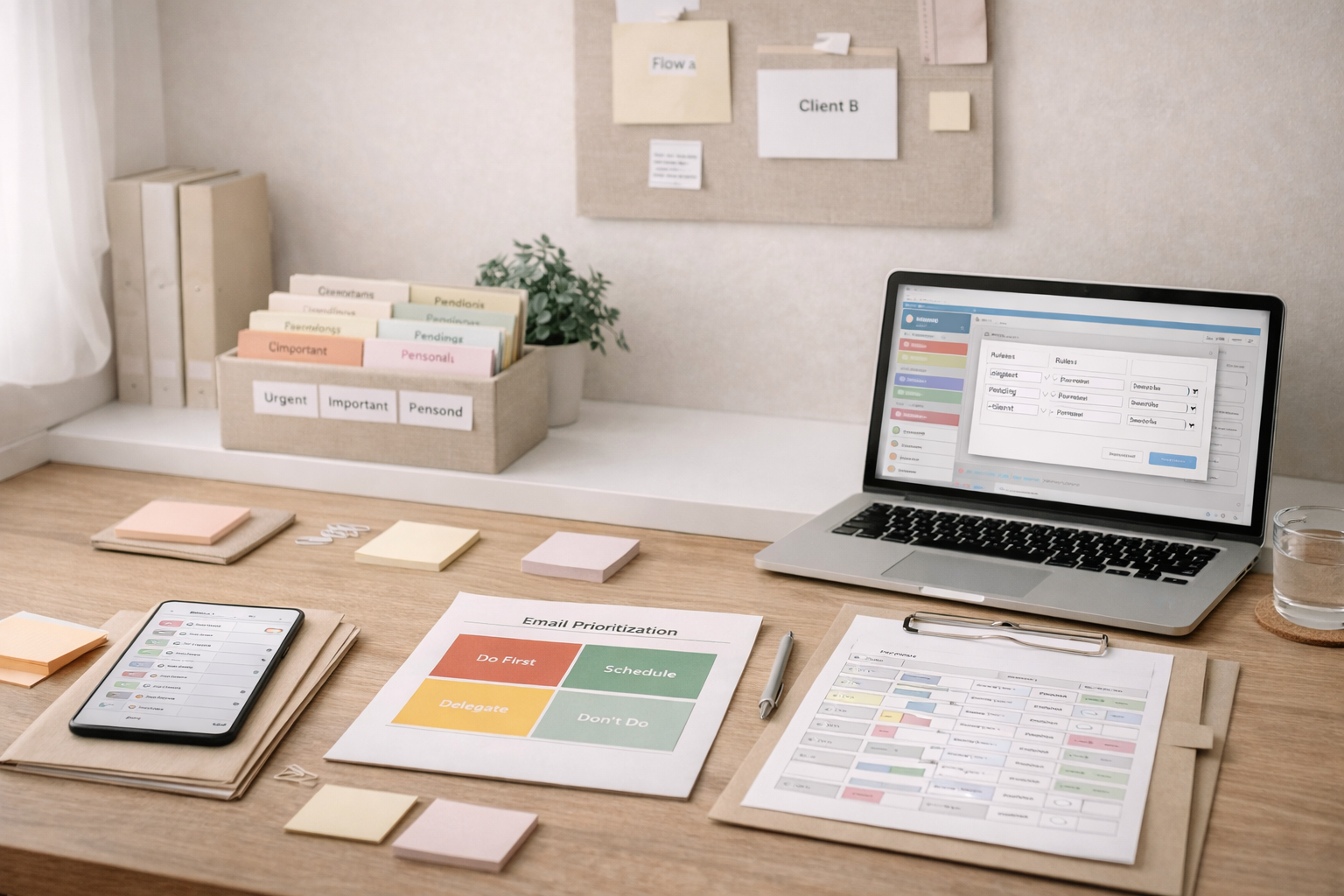 Bureau de travail avec ordinateur portable, téléphone, documents, post-it, plantes, boîte de classement avec étiquettes urgents, importants, personnes, et autres fournitures de bureau, dans un environnement organisé.