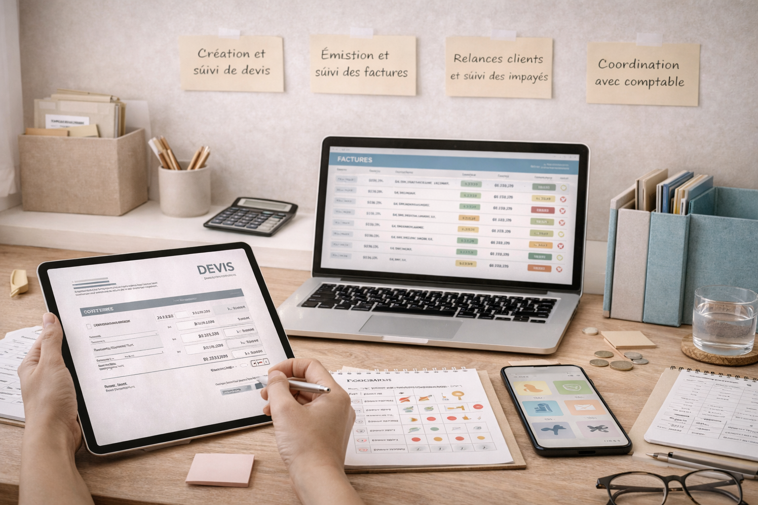 Un bureau de travail avec un ordinateur portable affichant une liste de factures, une tablette avec un devis, un téléphone mobile avec des icônes d'applications, des papiers, un verre d'eau, des livres de classement, une calculatrice, des pièces de monnaie, des notes autocollantes, et des lunettes. Le mur derrière affiche des notes avec des tâches comme création de devis, émission de factures, relances clients, et coordination avec un comptable.