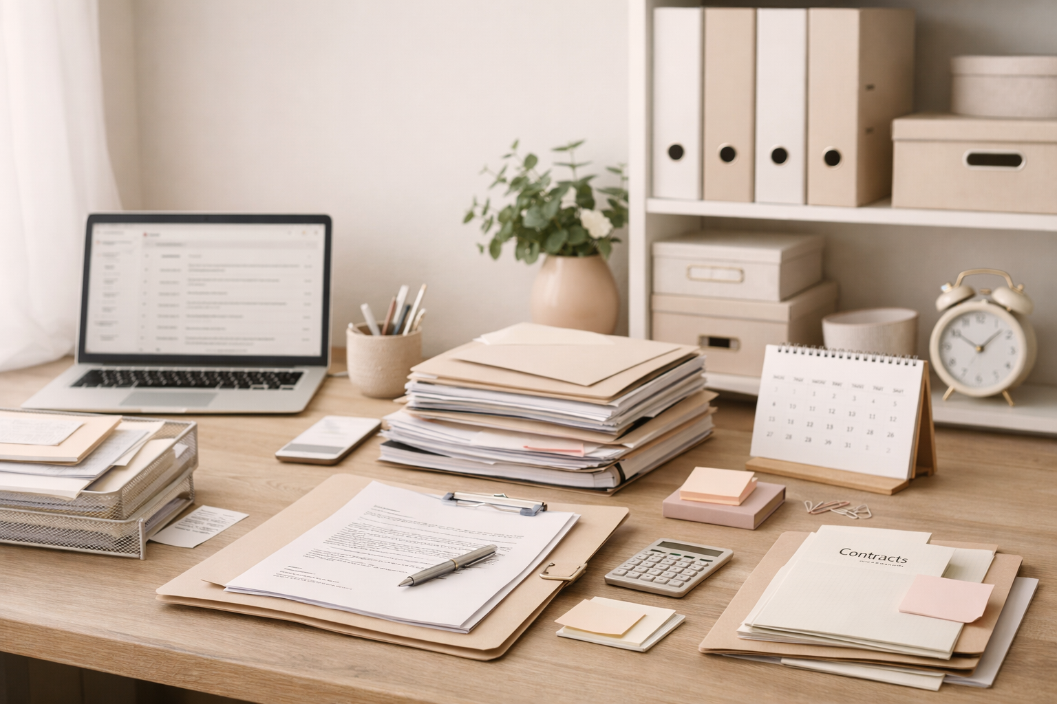 Bureau organisé avec ordinateur portable, piles de documents, calendrier, accessoires de bureau et une horloge