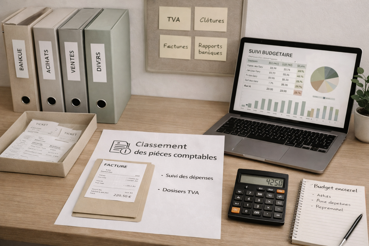 Espace de travail comptable avec classeurs, ordinateur portable, calculator, notes, tickets et tableau d'organisation. Affichage d'un graphique de suivi budgétaire sur l'ordinateur.