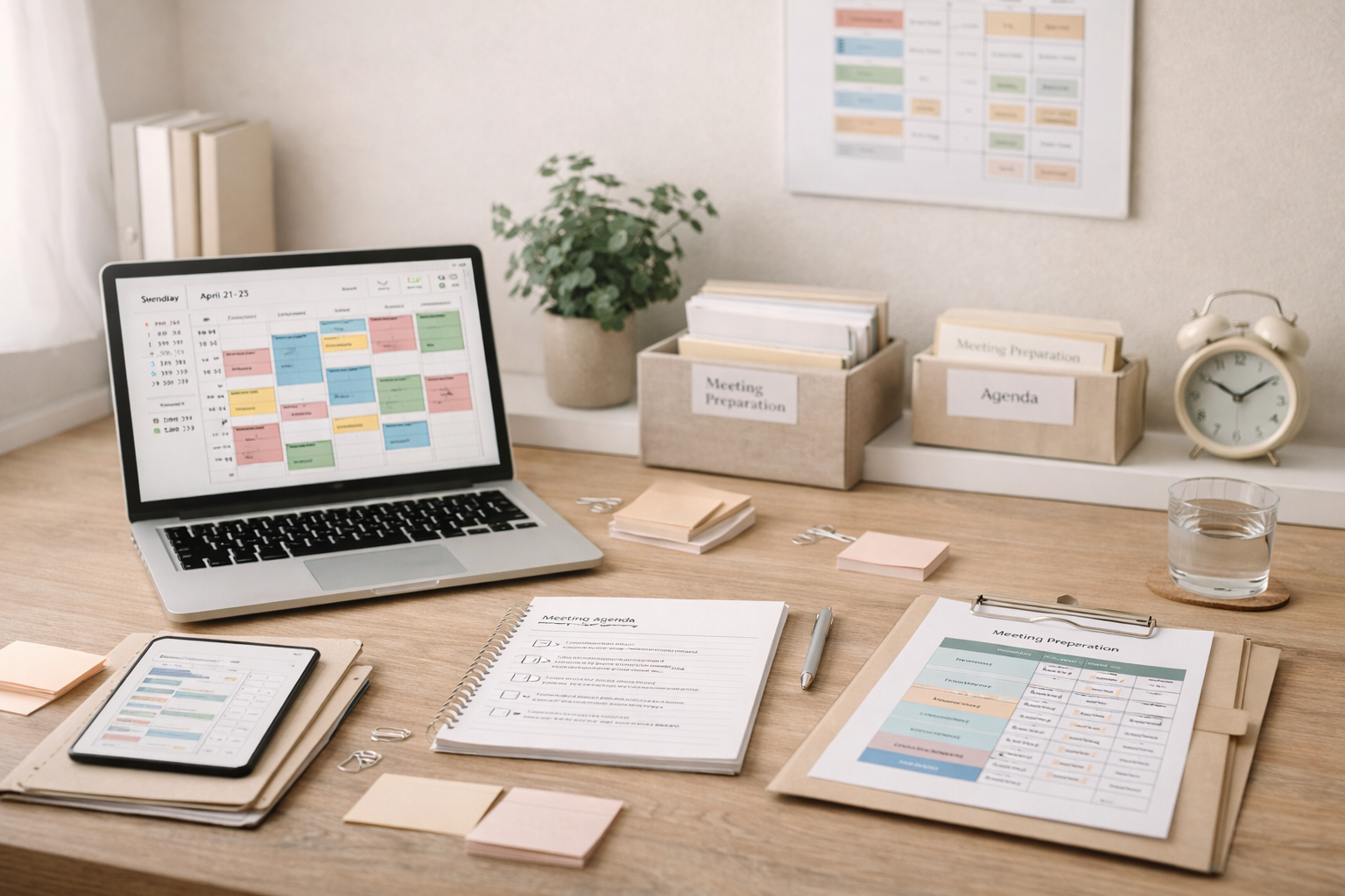 Espace de travail organisé avec un ordinateur portable affichant un calendrier, une tablette, un carnet, une feuille d'agenda, des fournitures de bureau, un presse-papiers avec un document intitulé "Meeting Preparation" et une carte de visite, ainsi qu'une horloge, un verre d'eau, et des boîtes de rangement labelisées "Meeting Preparation" et "Agenda" sur une table en bois.