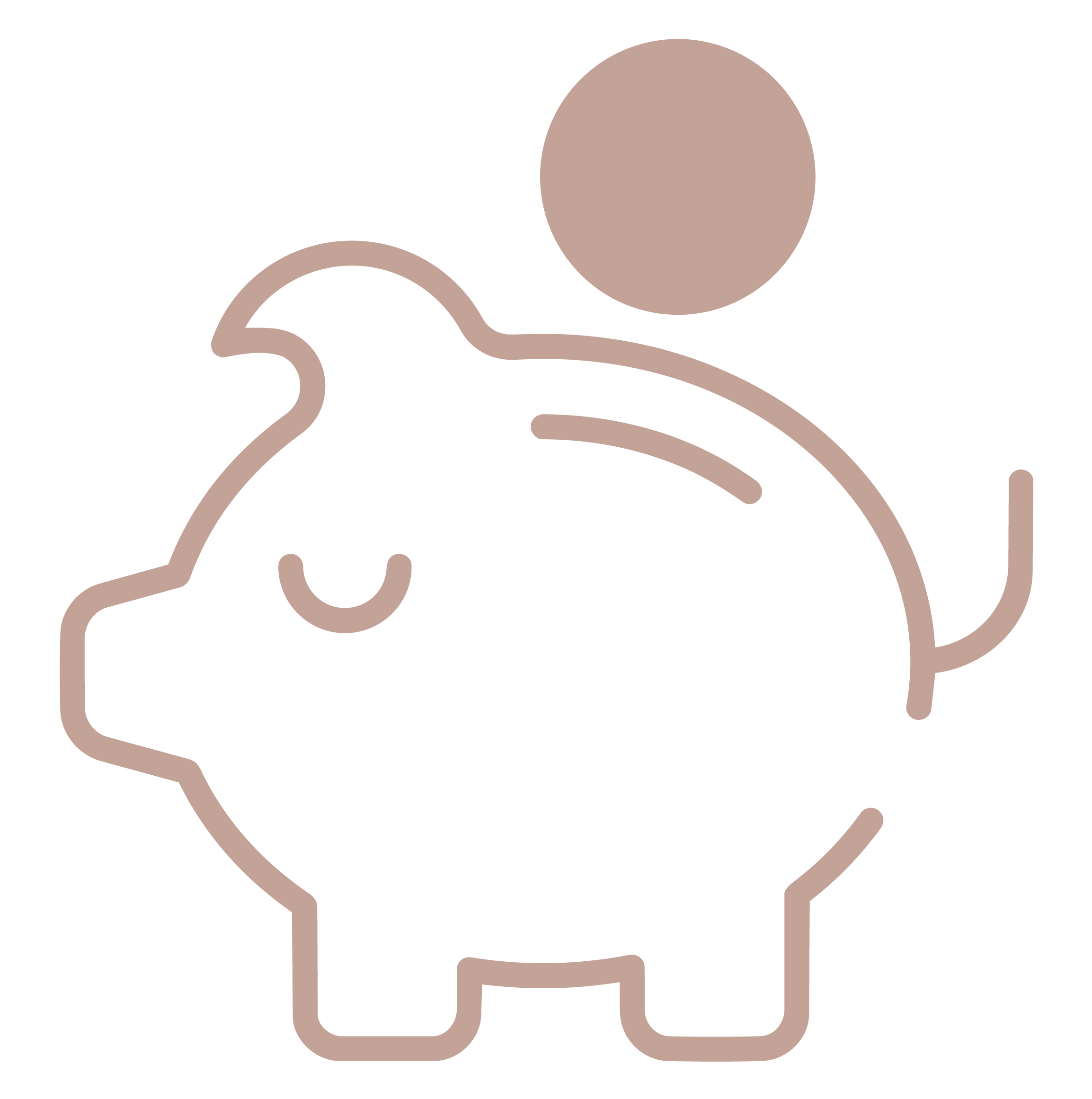 Illustration minimaliste d'un cochon avec un cercle au-dessus de son dos et une queue en spirale.