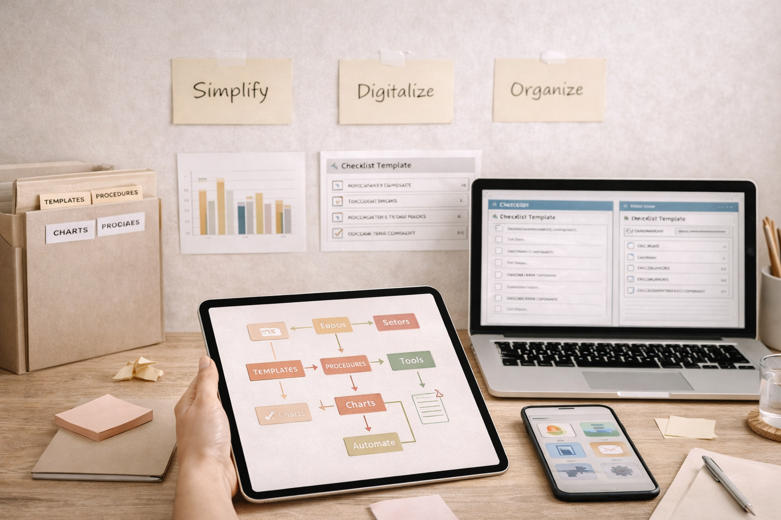 Espace de bureau avec un ordinateur portable, une tablette montrant un diagramme de flux, un téléphone intelligent, des papiers et des boîtes de rangement avec des étiquettes.