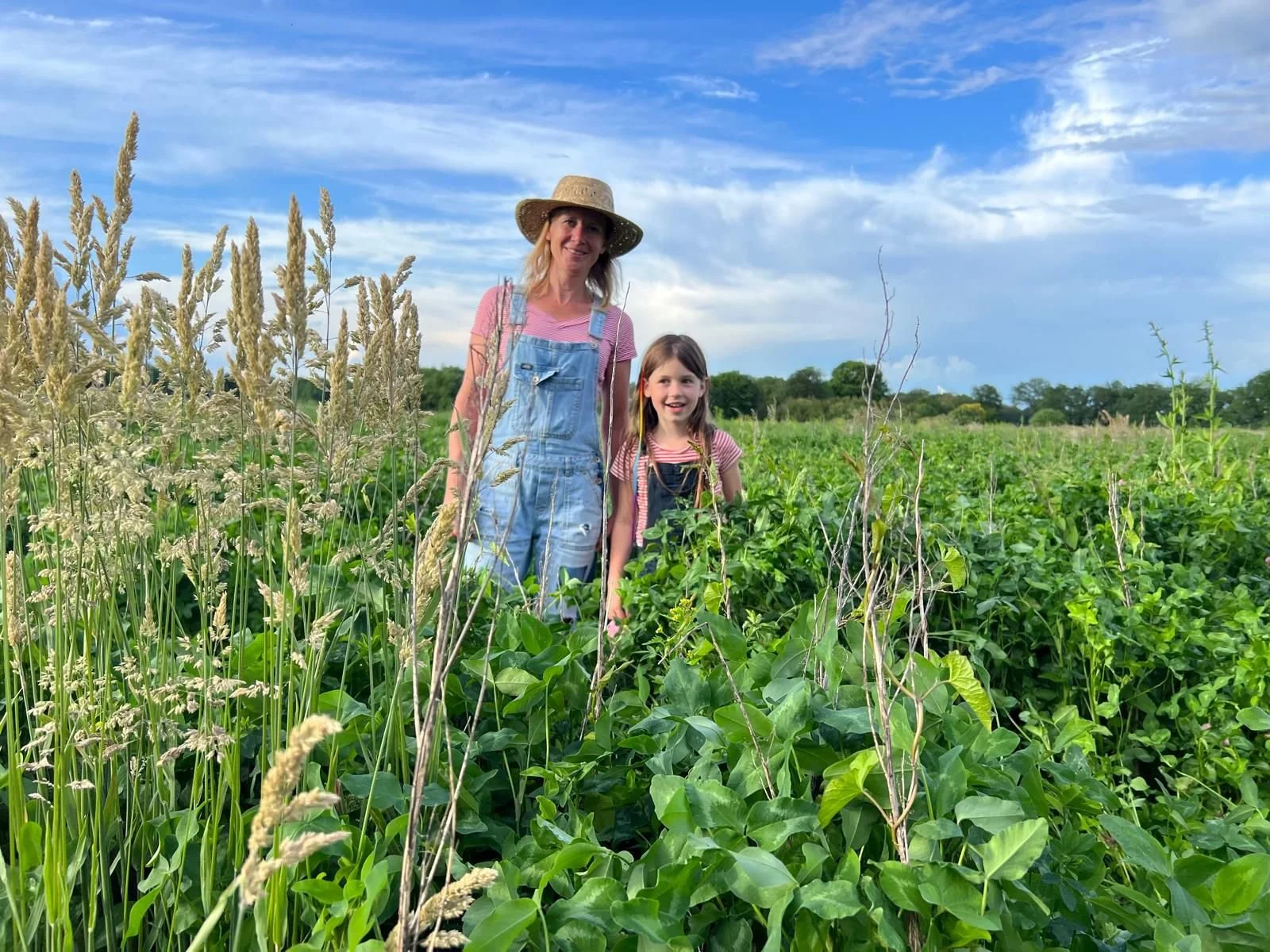 Vrouw en meisje wandelen door een groene veld met planten en gras onder een blauwe, bewolkte lucht.