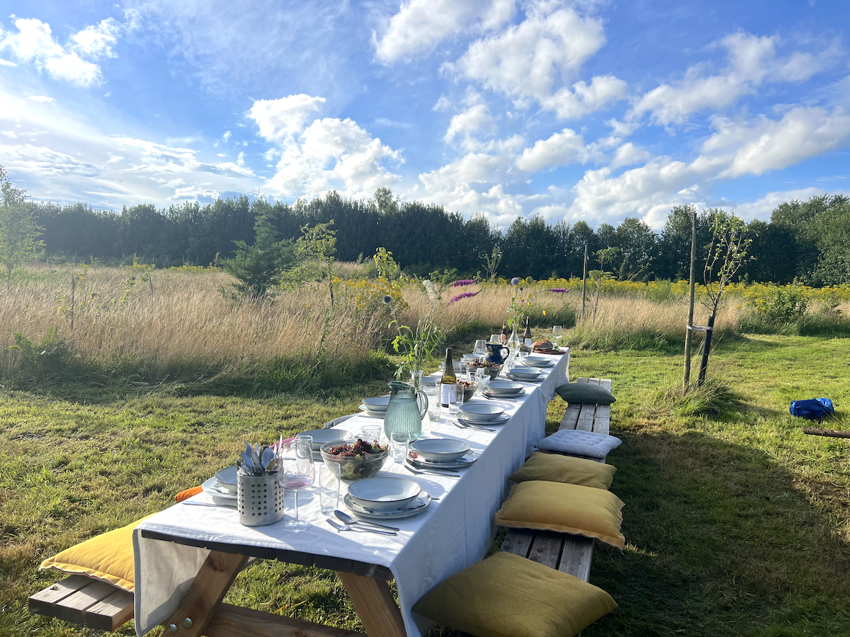 Een buitenpicknick met een lange tafel bedekt met een witte tafelkleed, gevuld met borden, bestek, glazen, een kan water, en diverse gerechten, gelegen in een grasveld onder een blauwe hemel met wolken, omringd door bomen en bloemen.