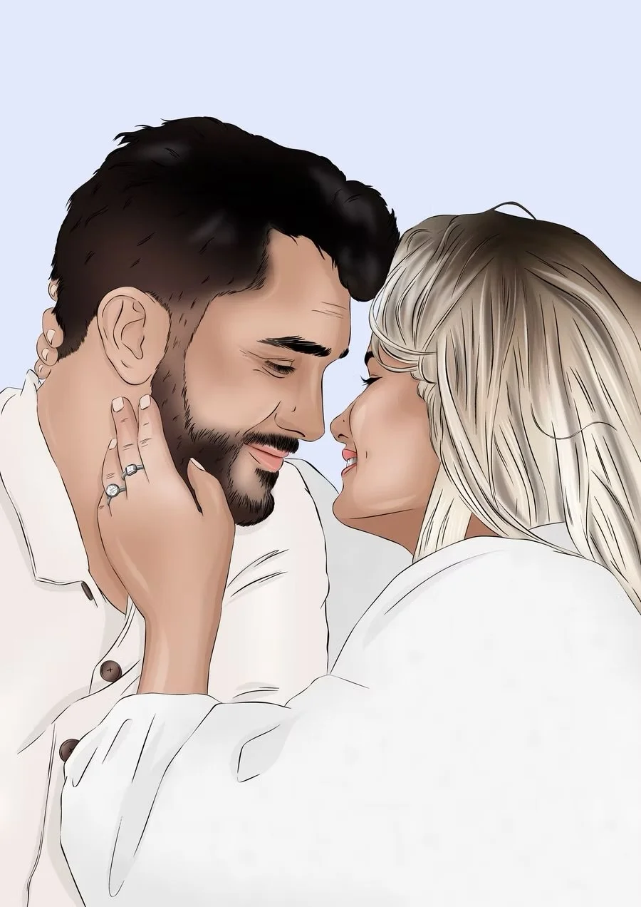 A digital illustration of a couple touching foreheads and smiling at each other, with the woman gently holding the man's face.