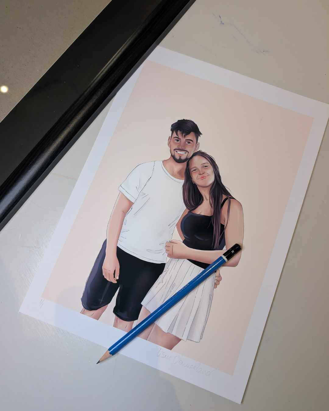 Digital illustration of a smiling man and woman standing close together, with the woman's arm around the man's waist, on a light peach background.