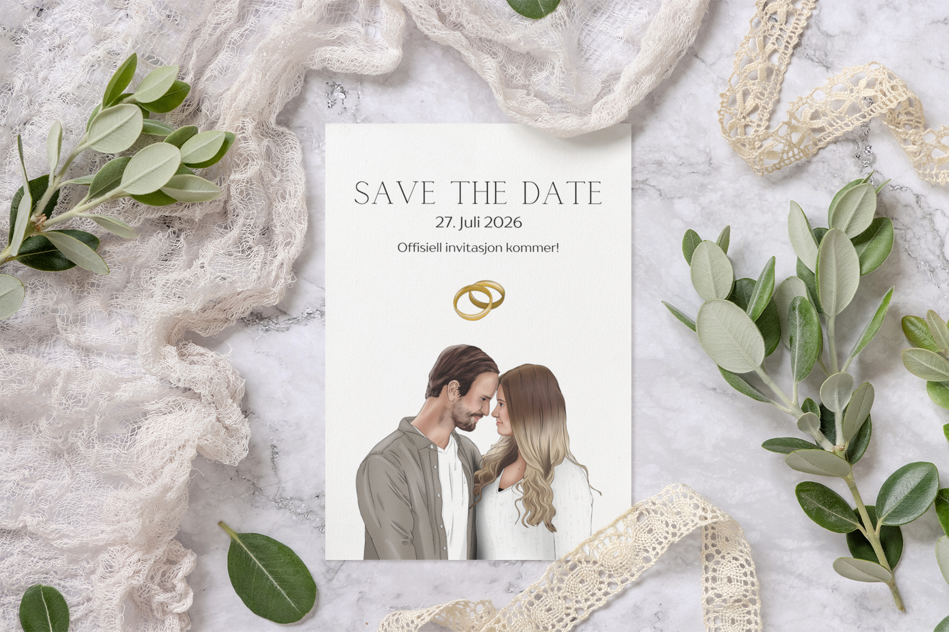 Save the date wedding invitation with a photo of a couple touching foreheads, gold rings above them, surrounded by lace and greenery on a marble surface.