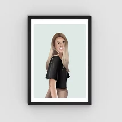 Digital illustration of a young woman with long blonde hair, smiling, wearing a black top and beige pants, standing against a light green background, framed as a portrait.