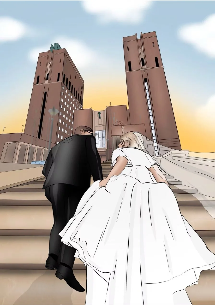An illustration of a couple ascending stairs outside a large brick building at sunset, with the woman in a white wedding dress and the man in a black suit.