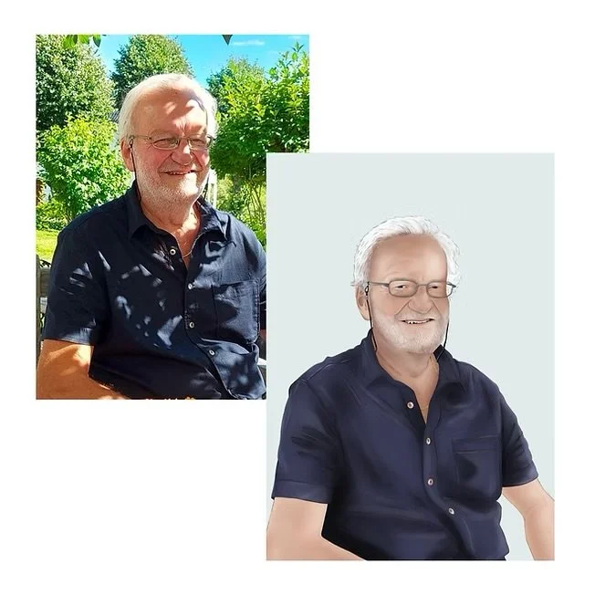Comparison photo of an older man with white hair and glasses, smiling. The left side shows him outdoors with trees and sunlight, while the right side depicts him indoors against a plain light background, with a more polished appearance.
