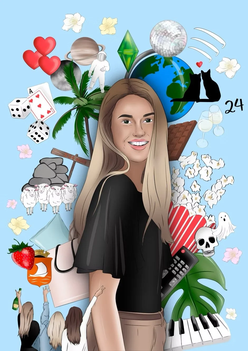 Illustration of a smiling young woman with long blonde hair, surrounded by various objects including hearts, dice, a palm tree, a galaxy, a globe, cats, popcorn, a skull, a strawberry, a remote, a piano keyboard, a ghost, religious symbols, flowers, 