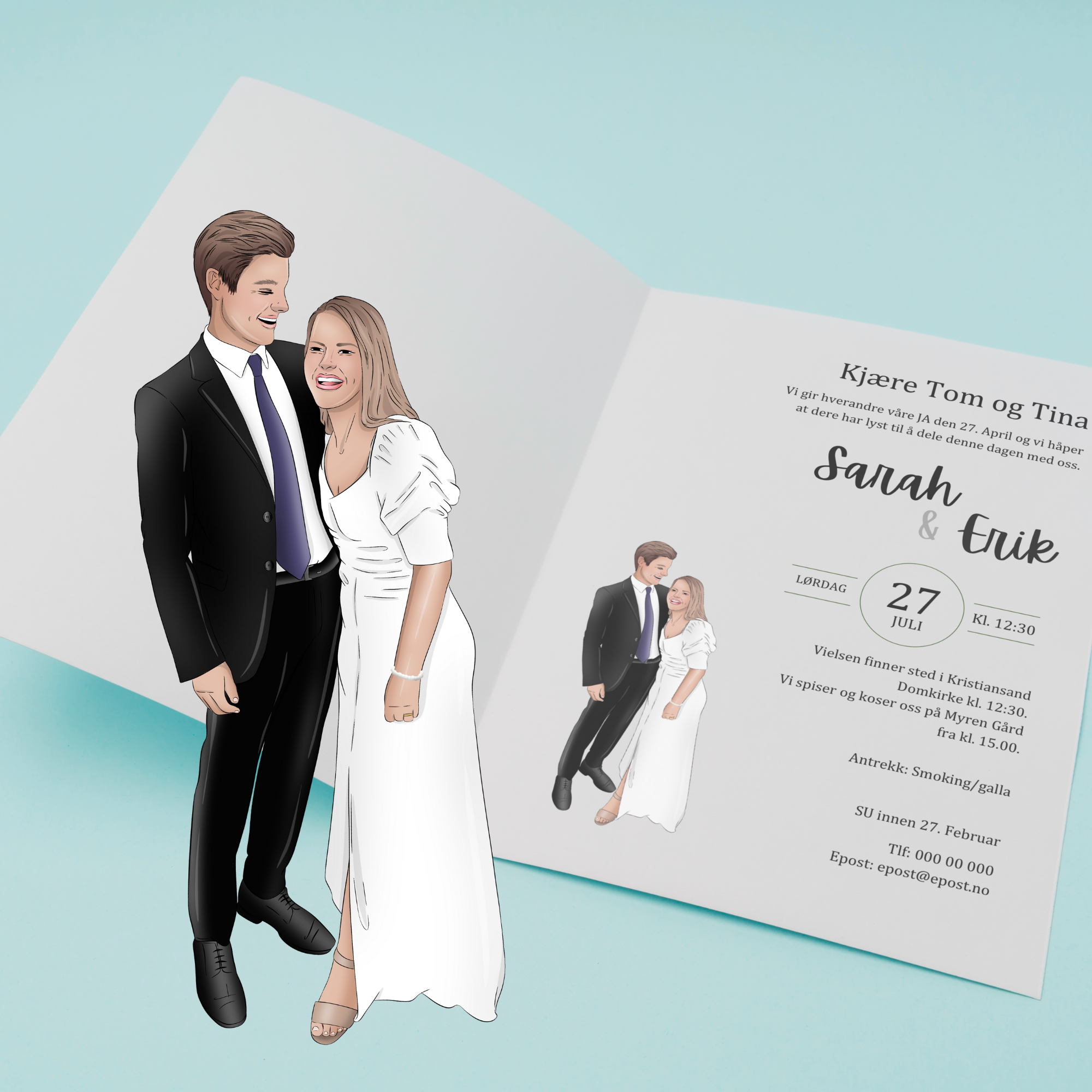 Wedding invitation featuring a bride and groom illustration, with event details and names Sarah and Erik.