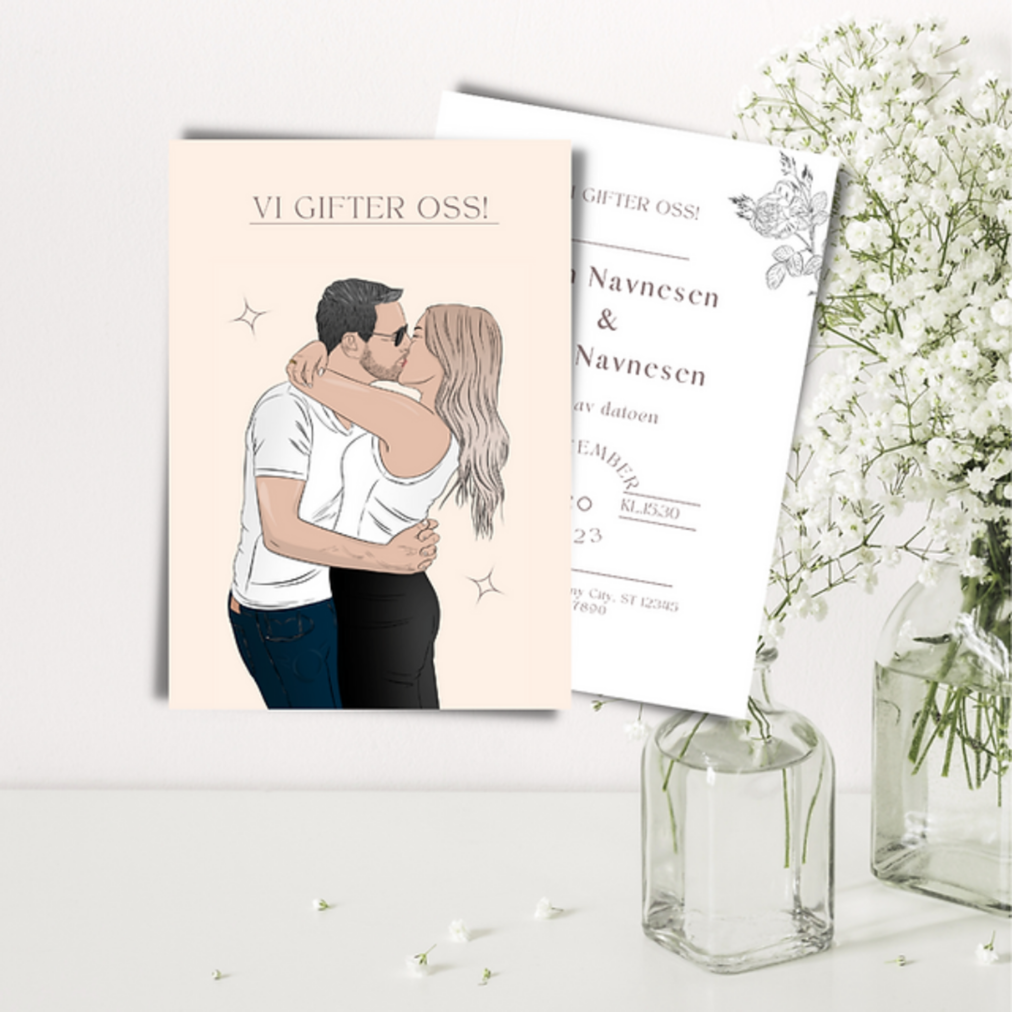 Greeting card with an illustration of a couple kissing and hugging, with wedding or anniversary theme, placed on a white surface next to a vase with white flowers.