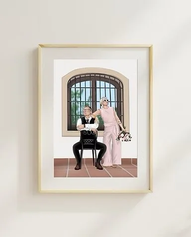 A framed painting of an elderly man and woman sitting and standing near a window with bars, with a garden visible outside.