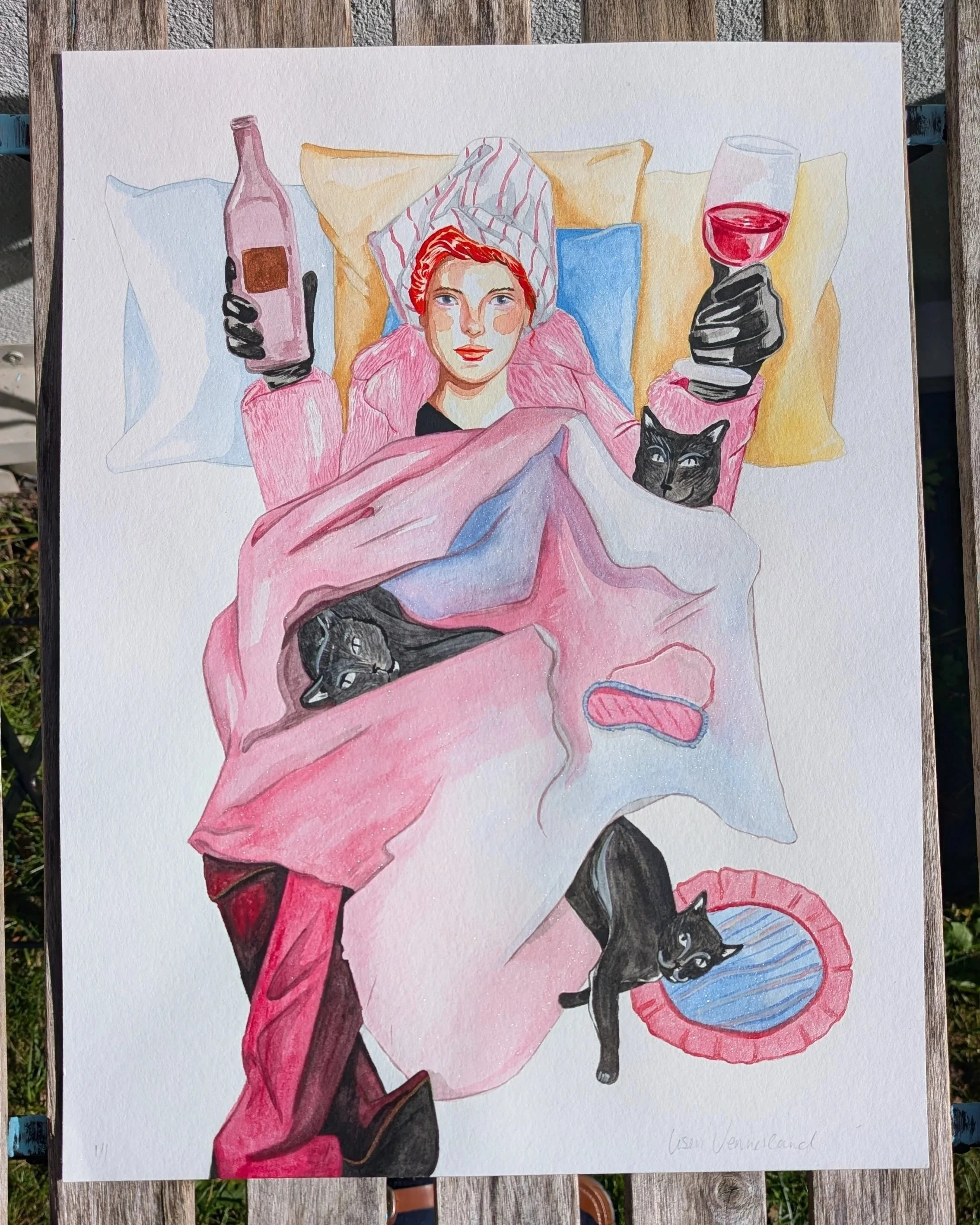 Me, myself, cats and wine -ORIGINAL PAINTING