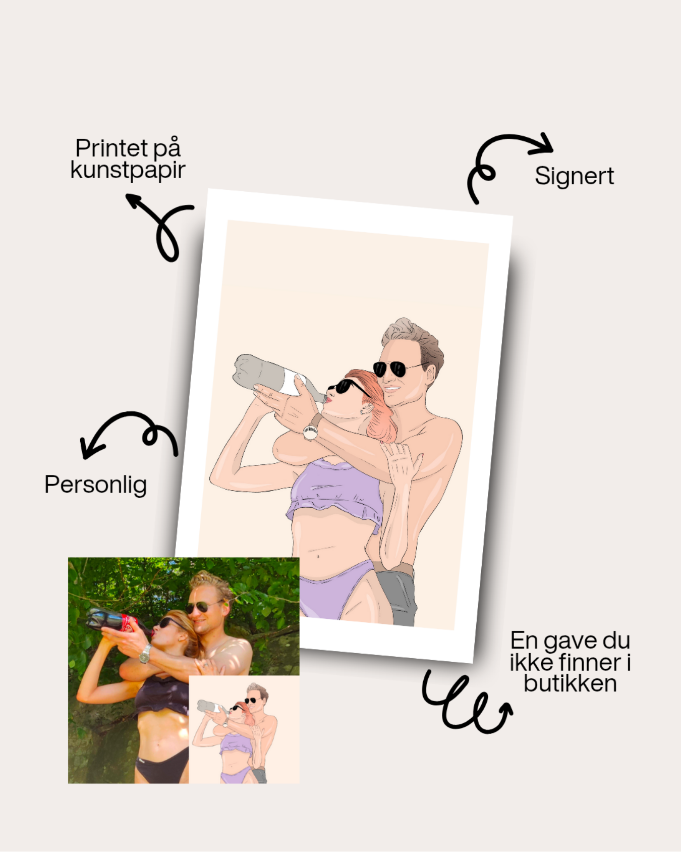 Illustration of a couple at the beach, with the woman drinking from a bottle and the man holding her, both wearing sunglasses, in a printed art paper style, appears to be a personalized gift, with annotations in Norwegian.