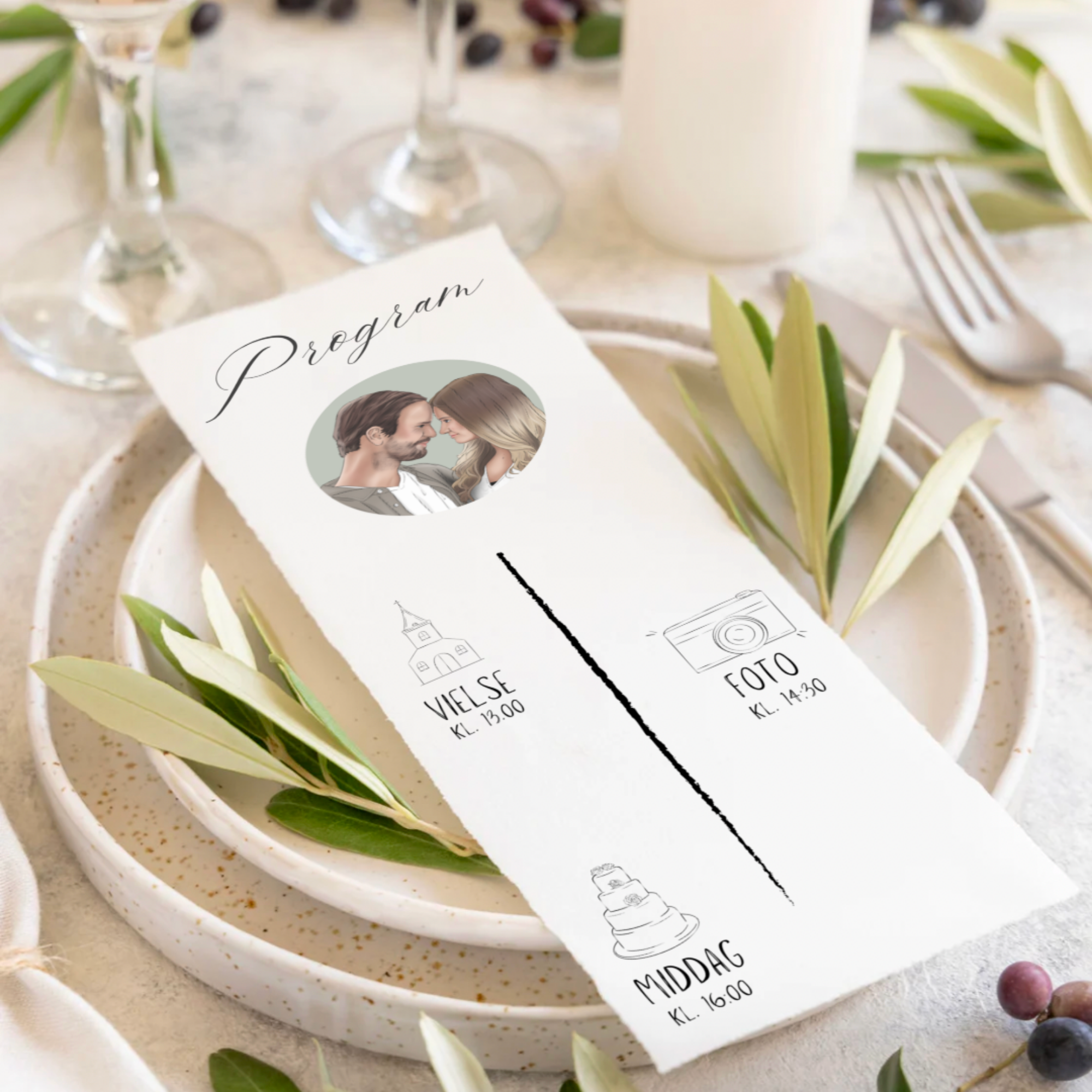 A wedding program placed on a decorated table with plates, glasses, and greenery. The program features a photo of a couple and an event schedule with times for church service, photography, and cake cutting.