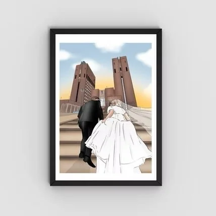 A framed illustration of a newly married couple holding hands and walking up stairs toward a castle with two tall towers, under a partly cloudy sky.