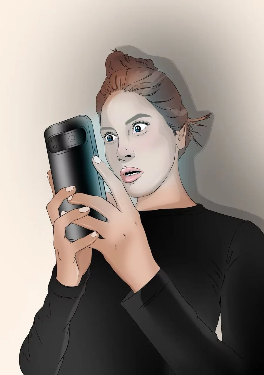 Digital illustration of a woman with red hair in a bun, holding a smartphone and looking at it with surprise or curiosity.