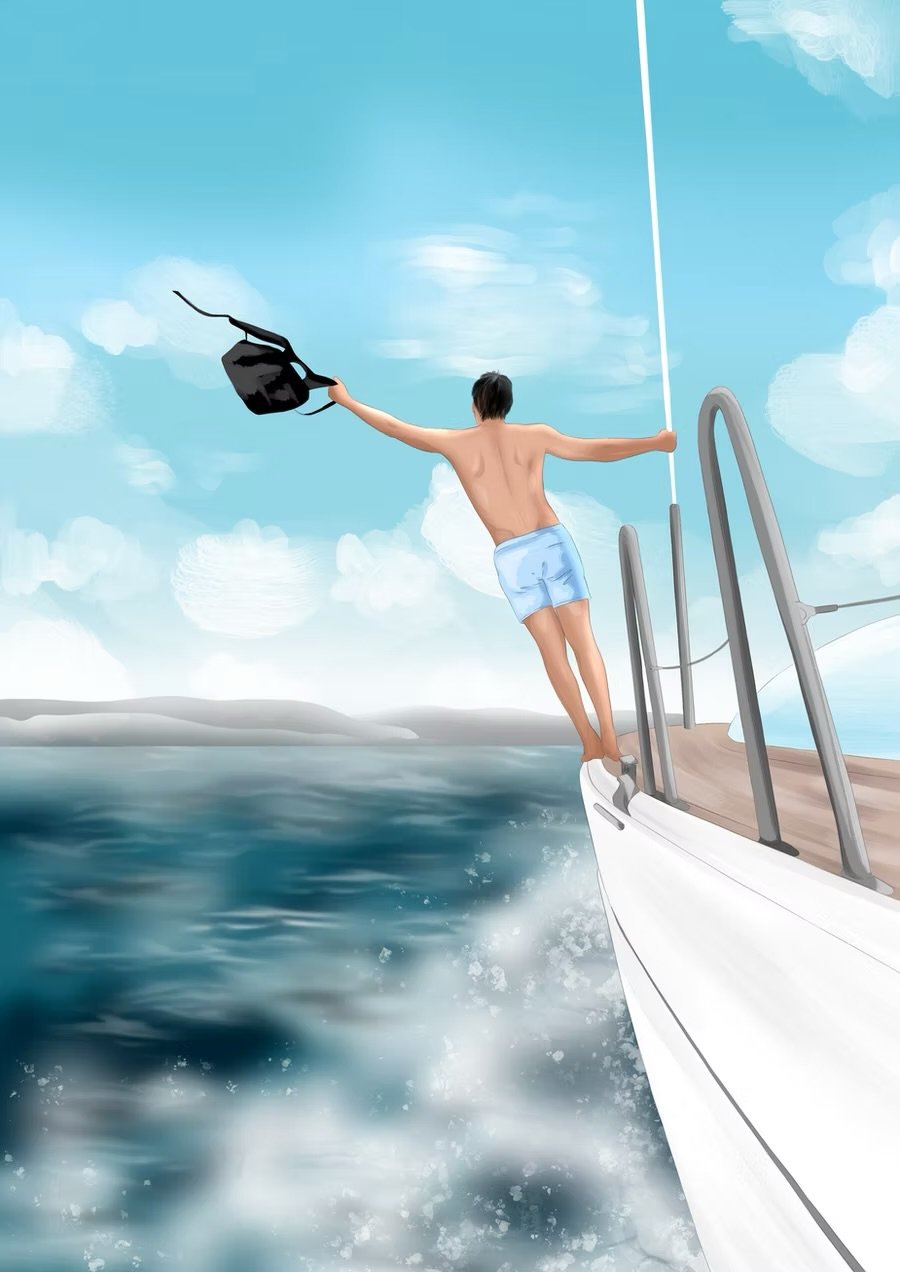 A child in swim trunks stands on the edge of a boat with arms outstretched, holding a black backpack in one hand, as the boat moves through the water under a partly cloudy sky.