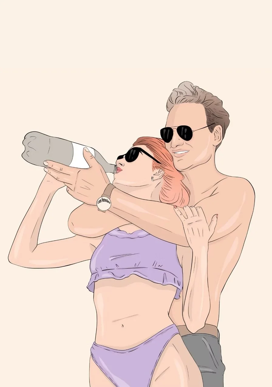 A digital illustration of a smiling couple wearing sunglasses, with the woman drinking from a bottle and the man shirtless, both in swimwear, against a plain light background.