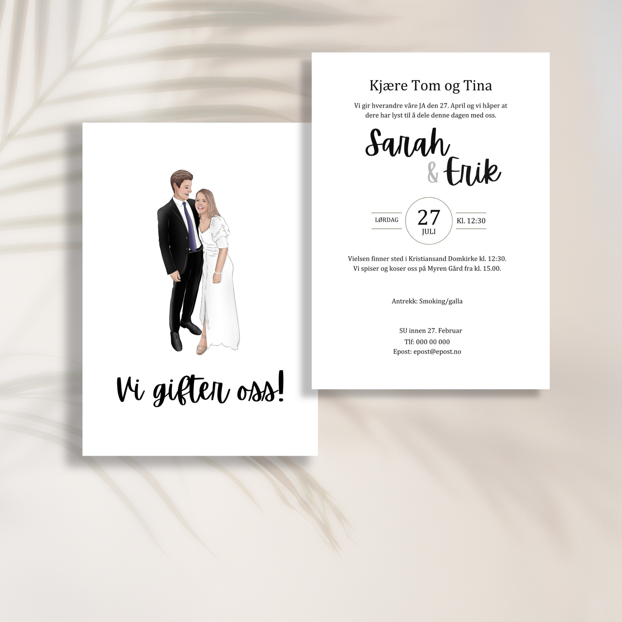 Wedding invitation with a cartoon illustration of a couple in wedding attire and text in Norwegian.