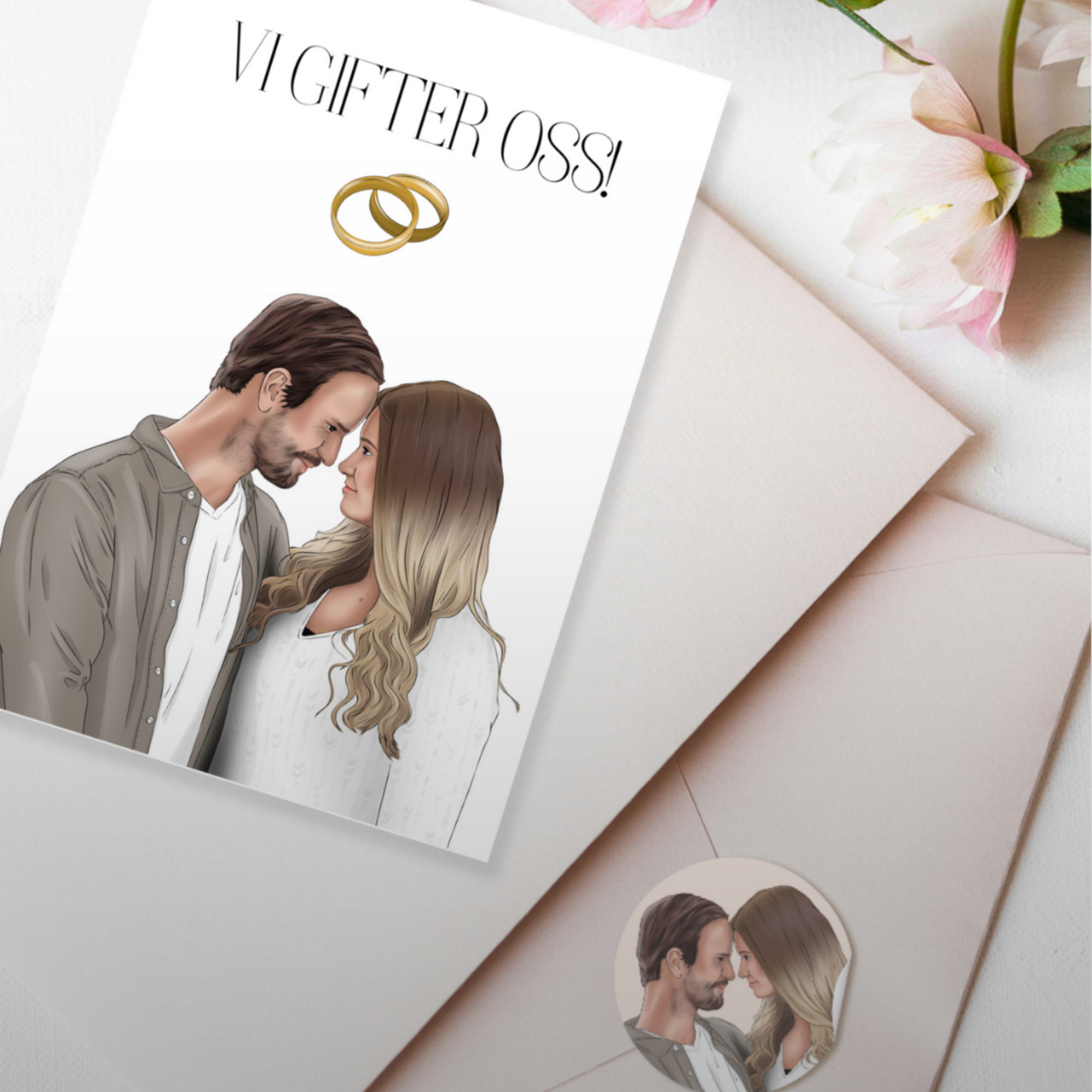 A wedding invitation features an illustration of a man and woman facing each other with foreheads touching, and two wedding rings above. The card reads "VIGTER OSS!" with a floral background nearby.