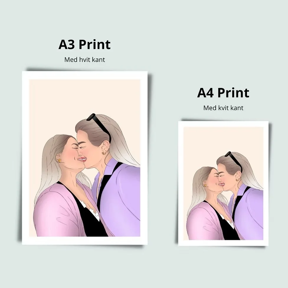 Comparison of A3 and A4 print sizes of a digital illustration of two women kissing, one with glasses on her head, in soft pastel colors.